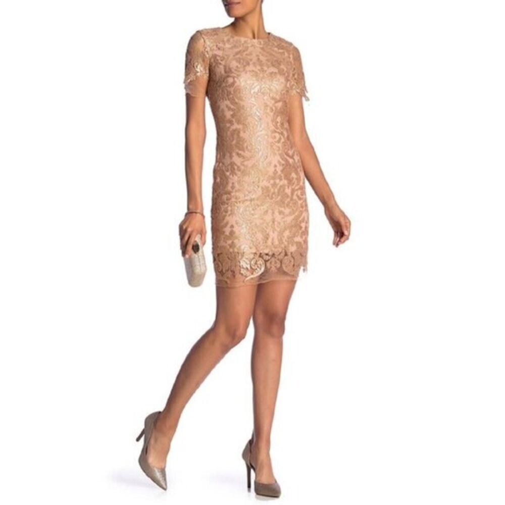 Dress The Population Megan Short Sleeve Gold Sequin Lace Mini Dress Sz S New